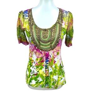 Alberto Makali Boho Beaded Sheer Sleeve Abstract Art to Wear Lagenlook Blouse